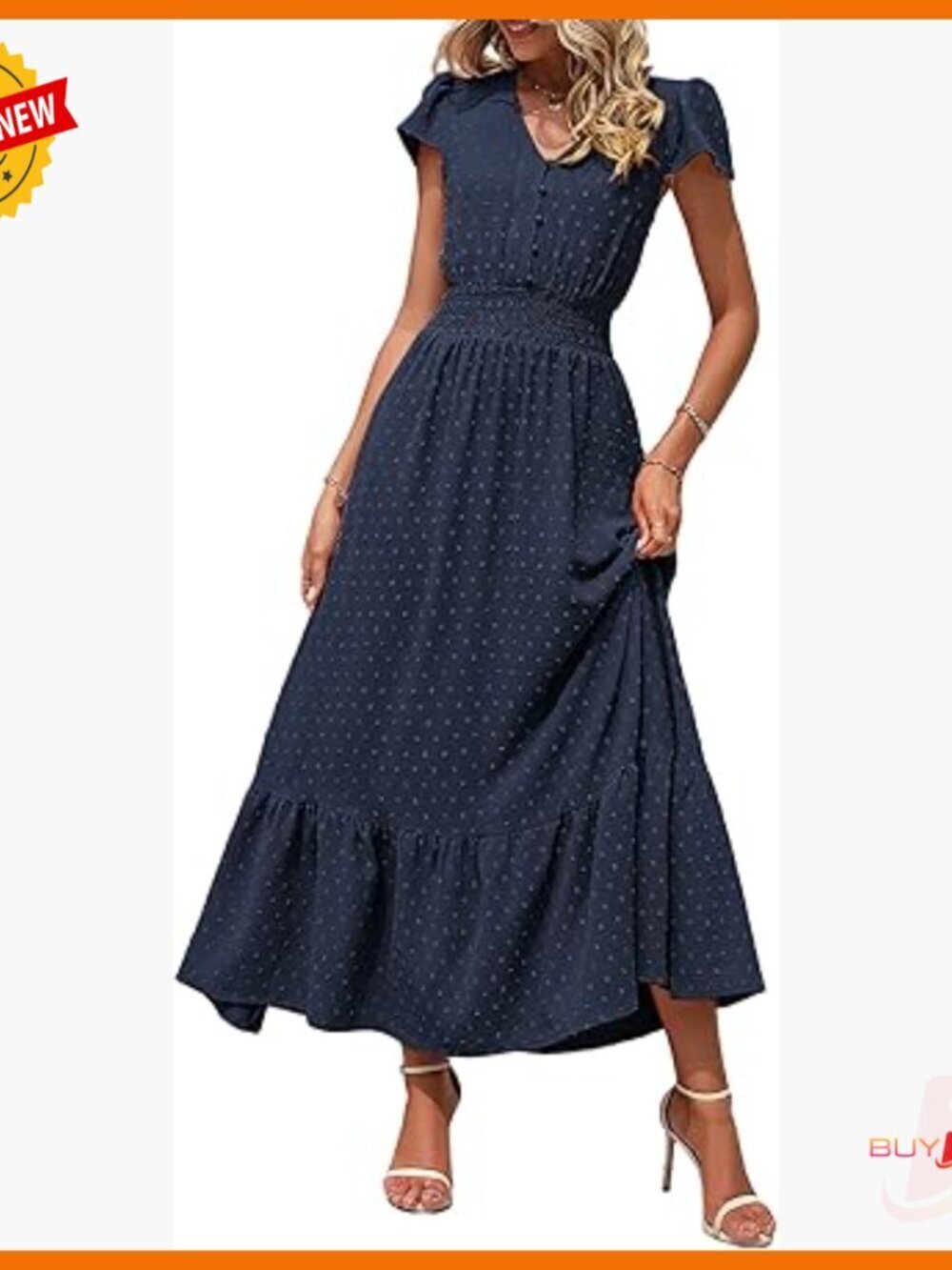 Summer Maxi Dress Boho Swiss Dot Smocked Waist V Neck Flowy Long